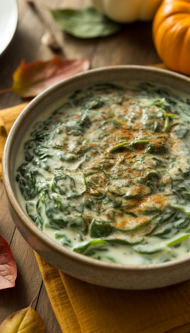 A bowl of creamy creamed spinach with nutmeg on a wooden table surrounded by autumn decorations.