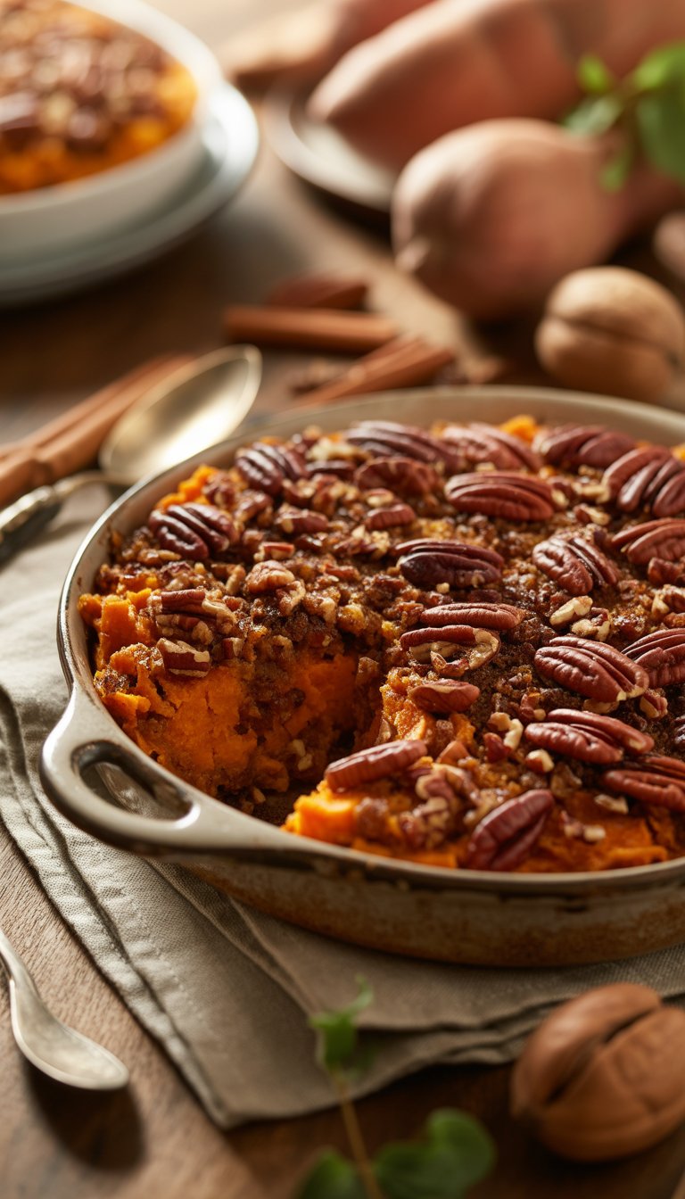 A baked sweet potato and pecan casserole in a ceramic dish on a wooden table with autumn decorations around it.