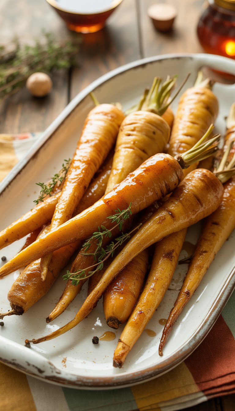 A platter of golden maple-glazed roasted parsnips garnished with thyme on a wooden table.