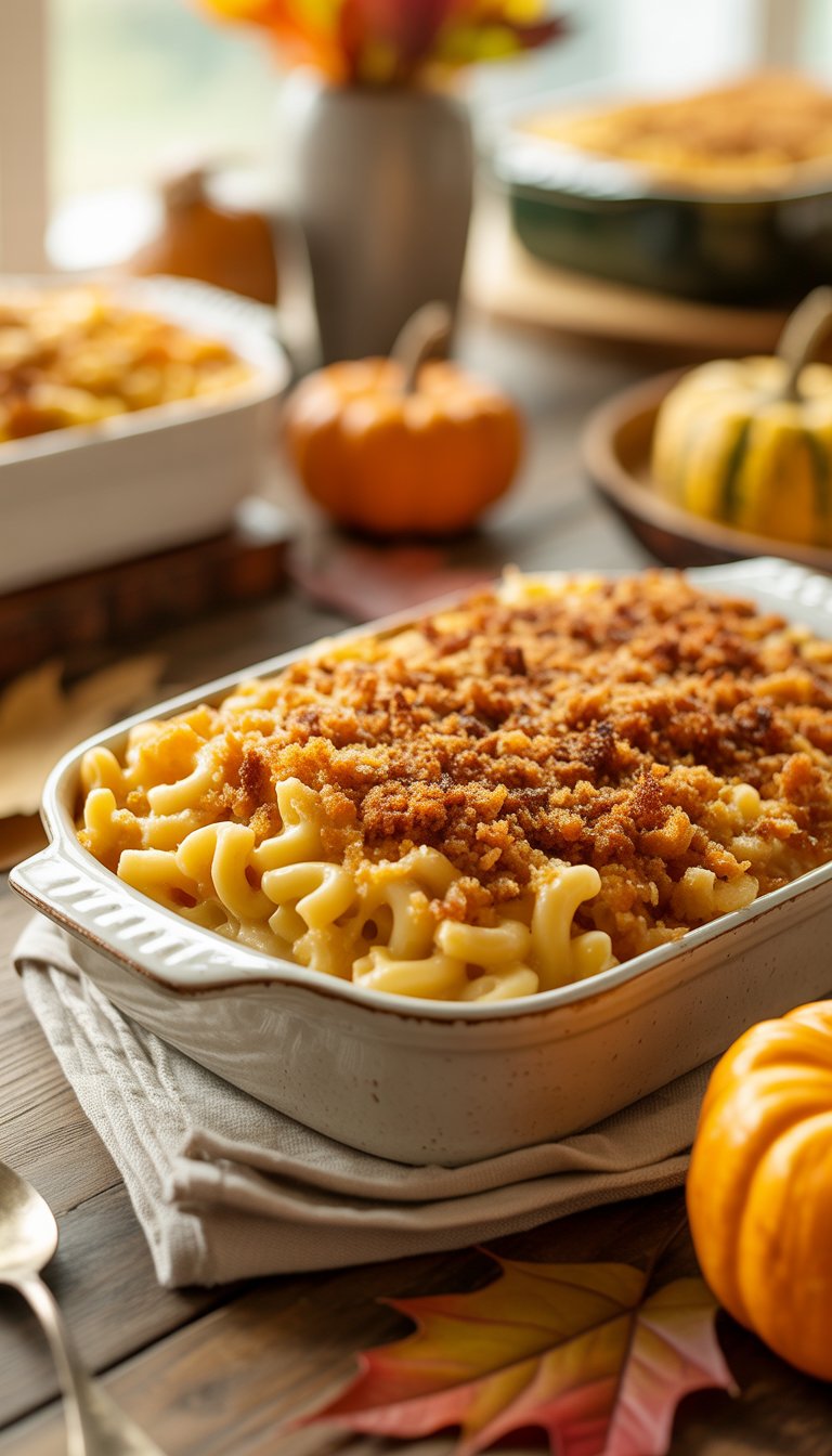 A baked macaroni and cheese dish with a golden breadcrumb topping on a wooden table surrounded by autumn decorations.