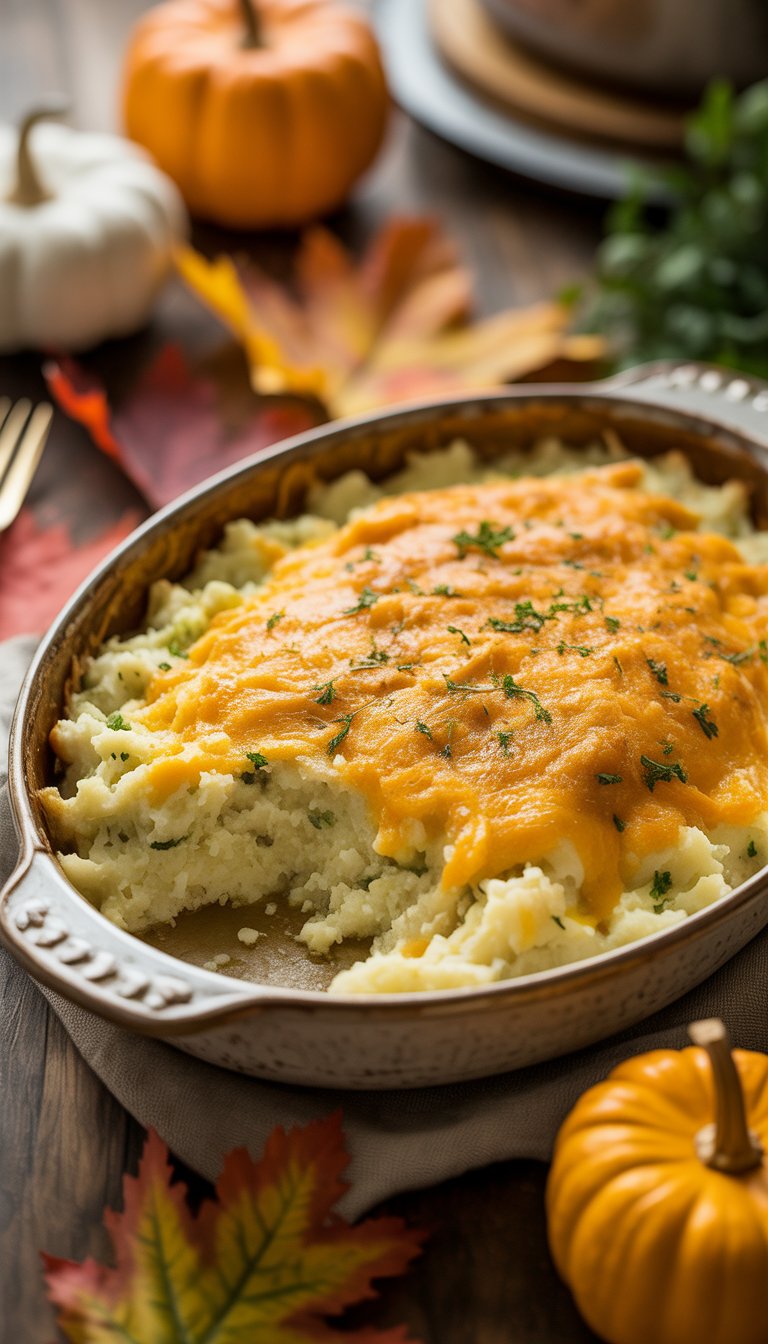 A garlic mashed cauliflower casserole in a ceramic dish on a wooden table with autumn decorations around it.