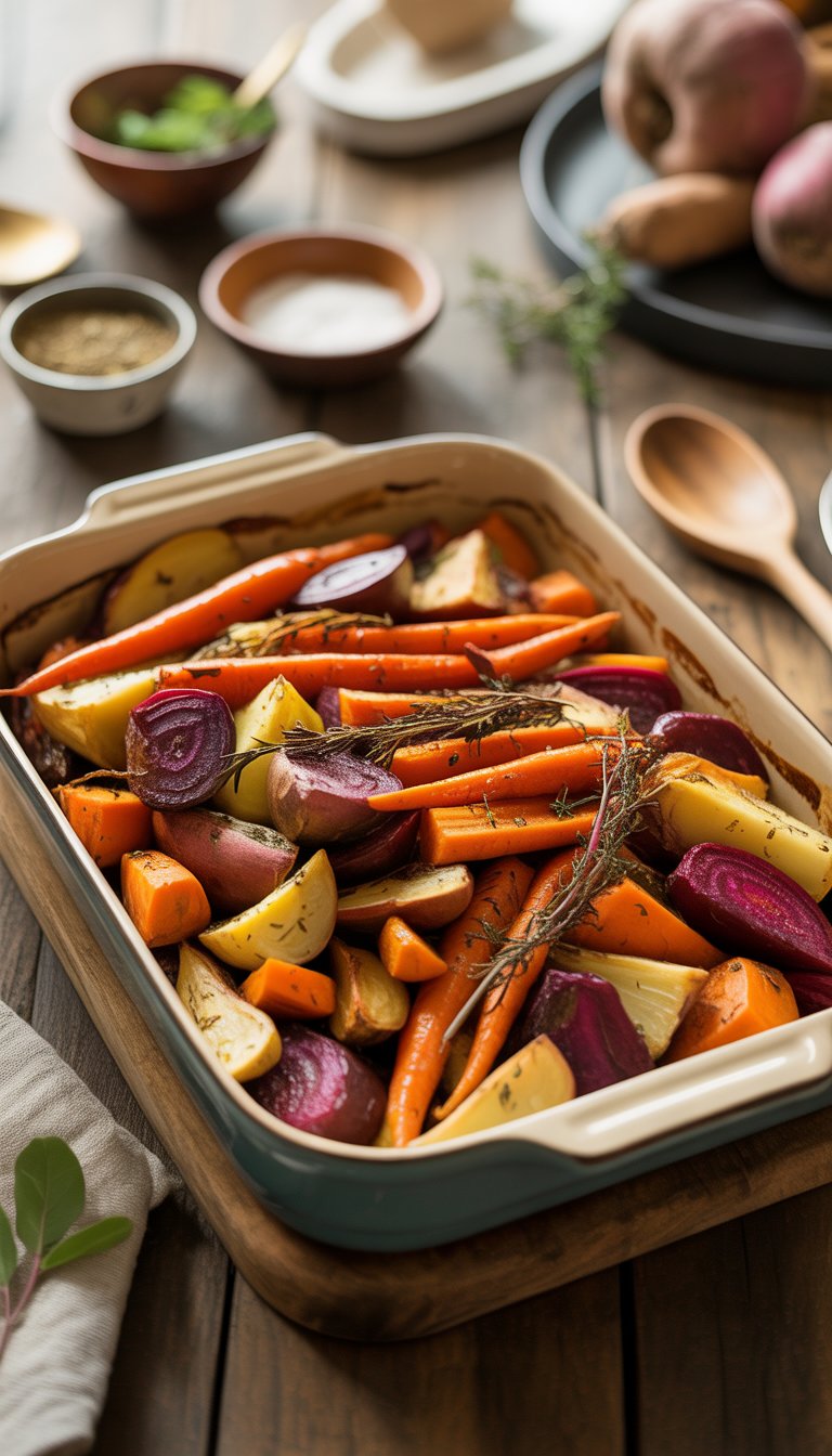 A baking dish filled with colorful oven-roasted root vegetables on a wooden table, surrounded by fresh herbs and seasoning bowls.