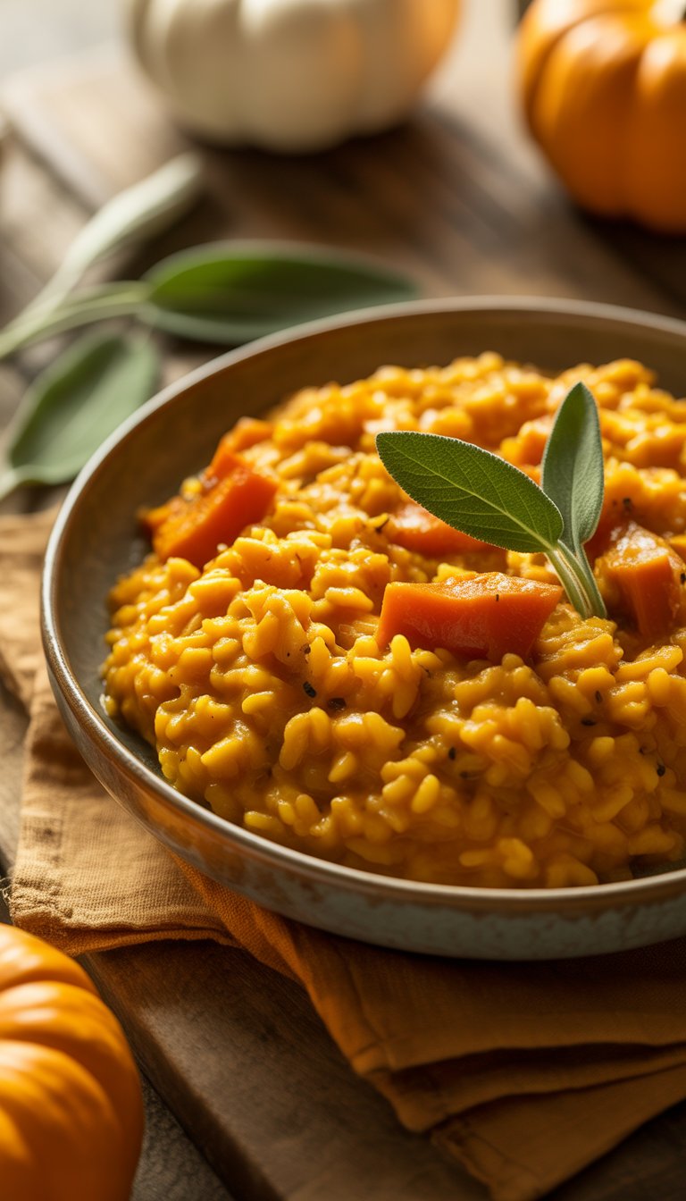 A bowl of creamy pumpkin and sage risotto garnished with fresh sage leaves on a wooden table with autumn decorations around it.