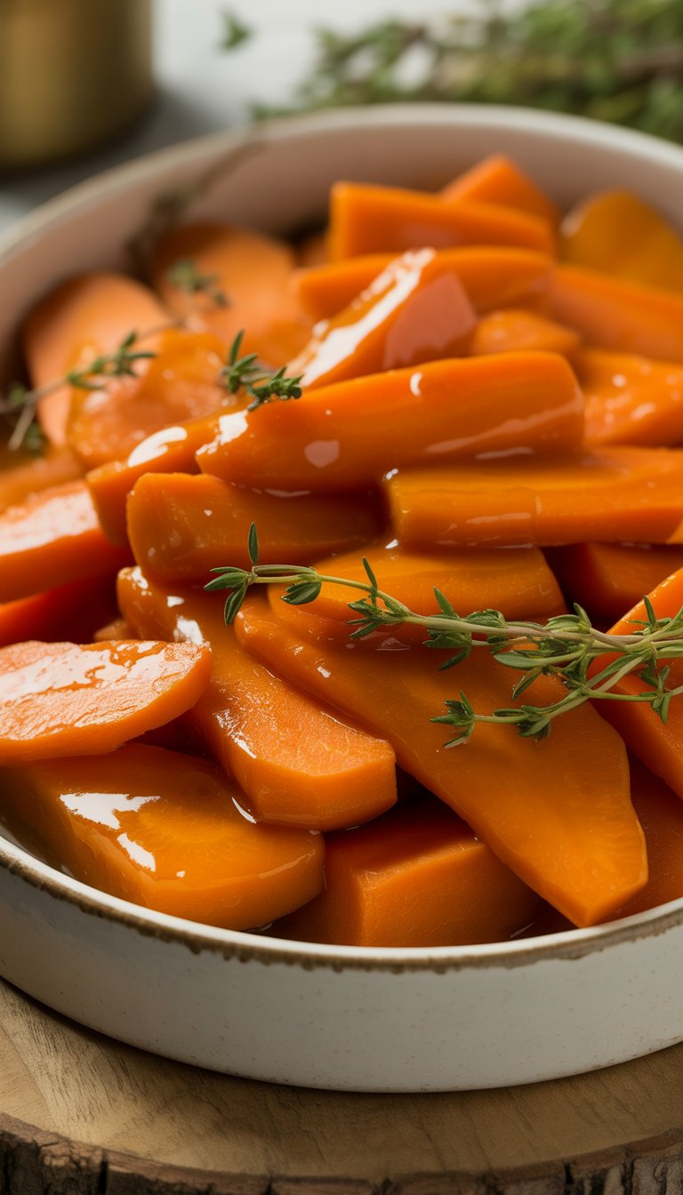 A bowl of honey glazed sliced carrots garnished with fresh thyme on a wooden surface.