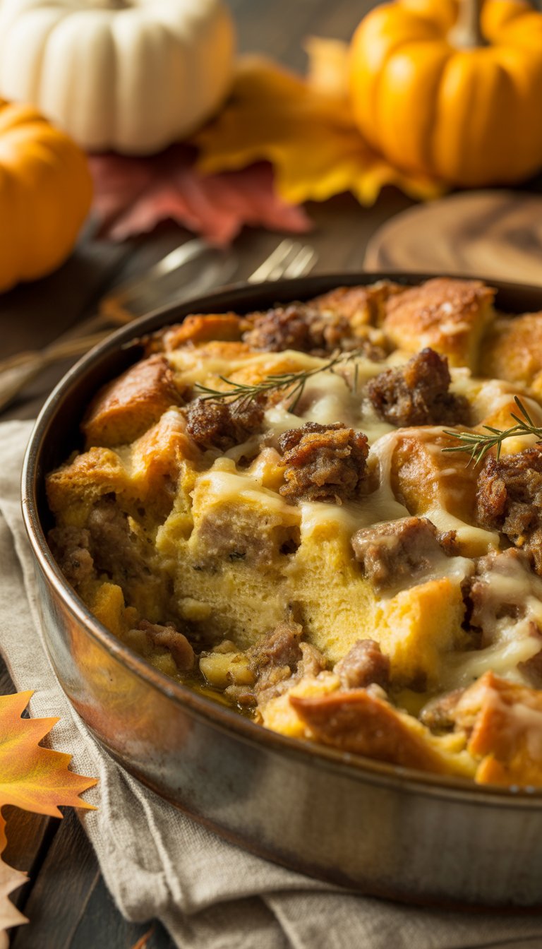 A baked sourdough bread pudding with sausage in a ceramic dish on a wooden table with autumn decorations around it.