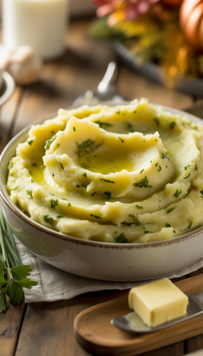 A bowl of creamy mashed potatoes with herbs and melted butter on a wooden table with autumn decorations in the background.