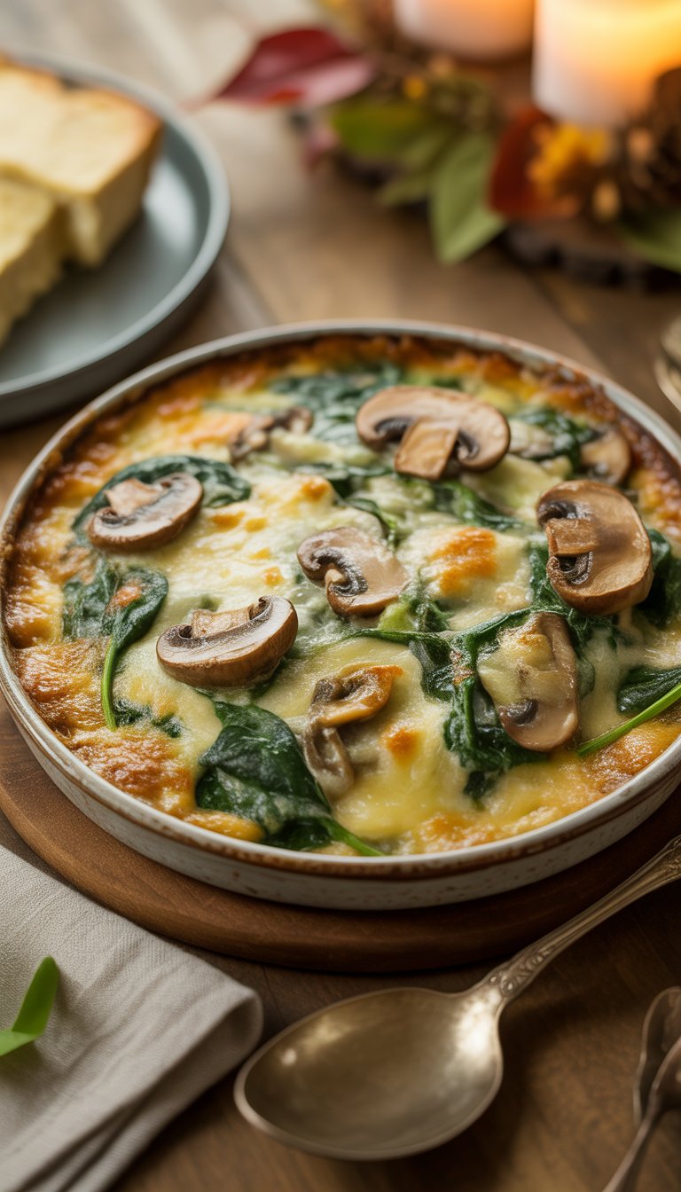 A creamy mushroom and spinach gratin in a rustic baking dish on a wooden table with soft natural lighting and autumn decorations in the background.
