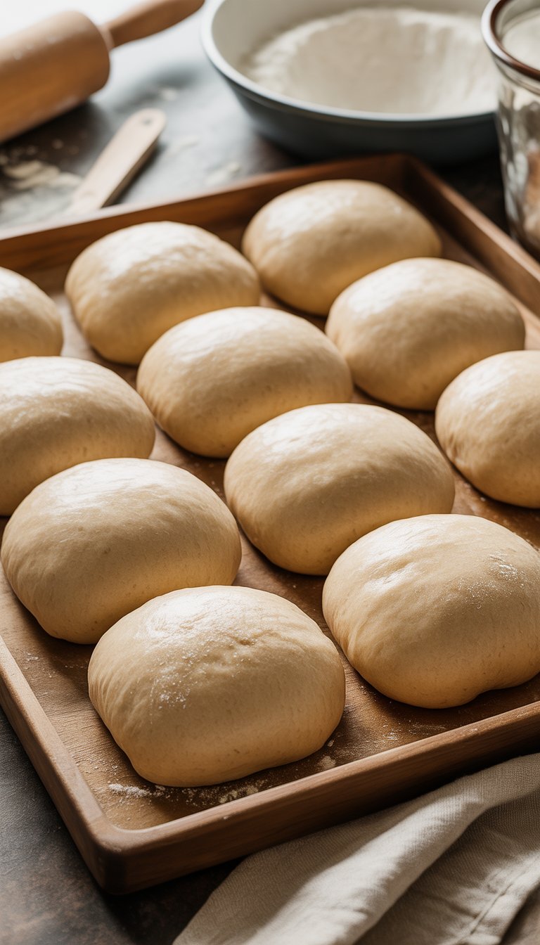 Close-up of whole wheat dinner rolls dough arranged on a wooden baking tray in a kitchen setting.