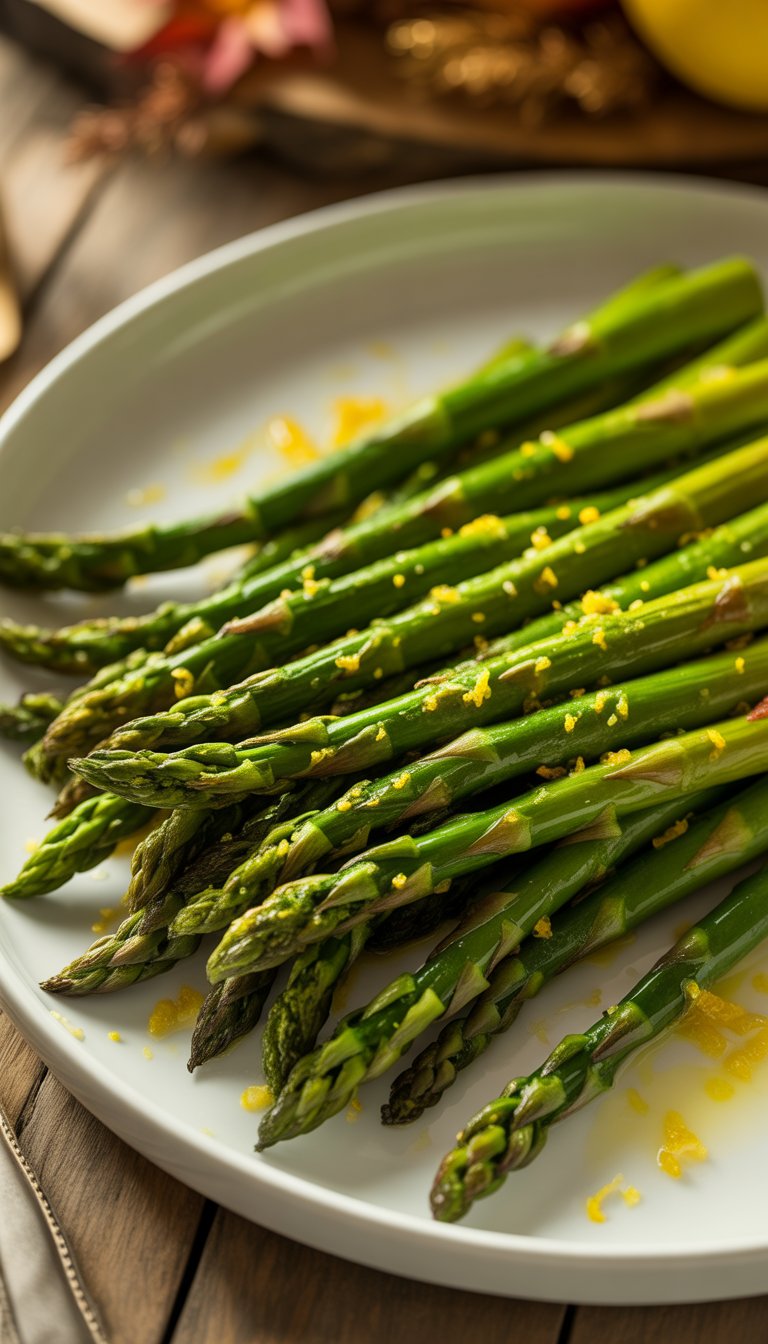 A plate of roasted asparagus garnished with lemon zest on a wooden table with autumn decorations in the background.