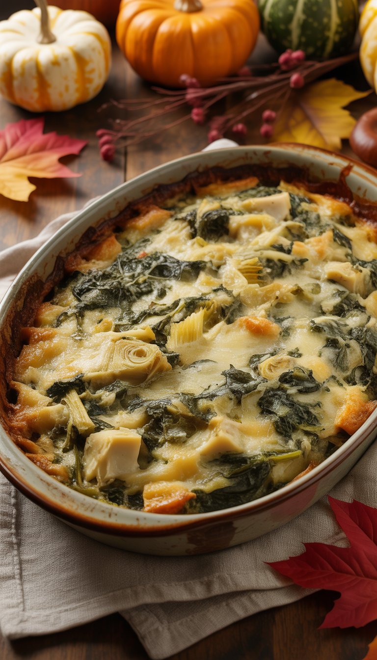 A warm spinach and artichoke dip casserole in a ceramic dish on a wooden table with autumn decorations around it.