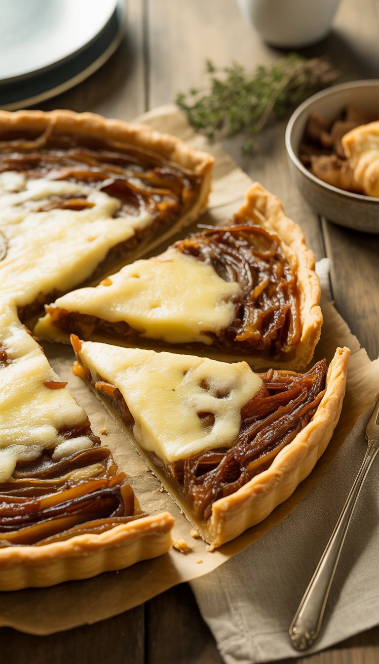 A sliced caramelized onion and Gruyère tart on a wooden table with a fork and fresh thyme nearby.