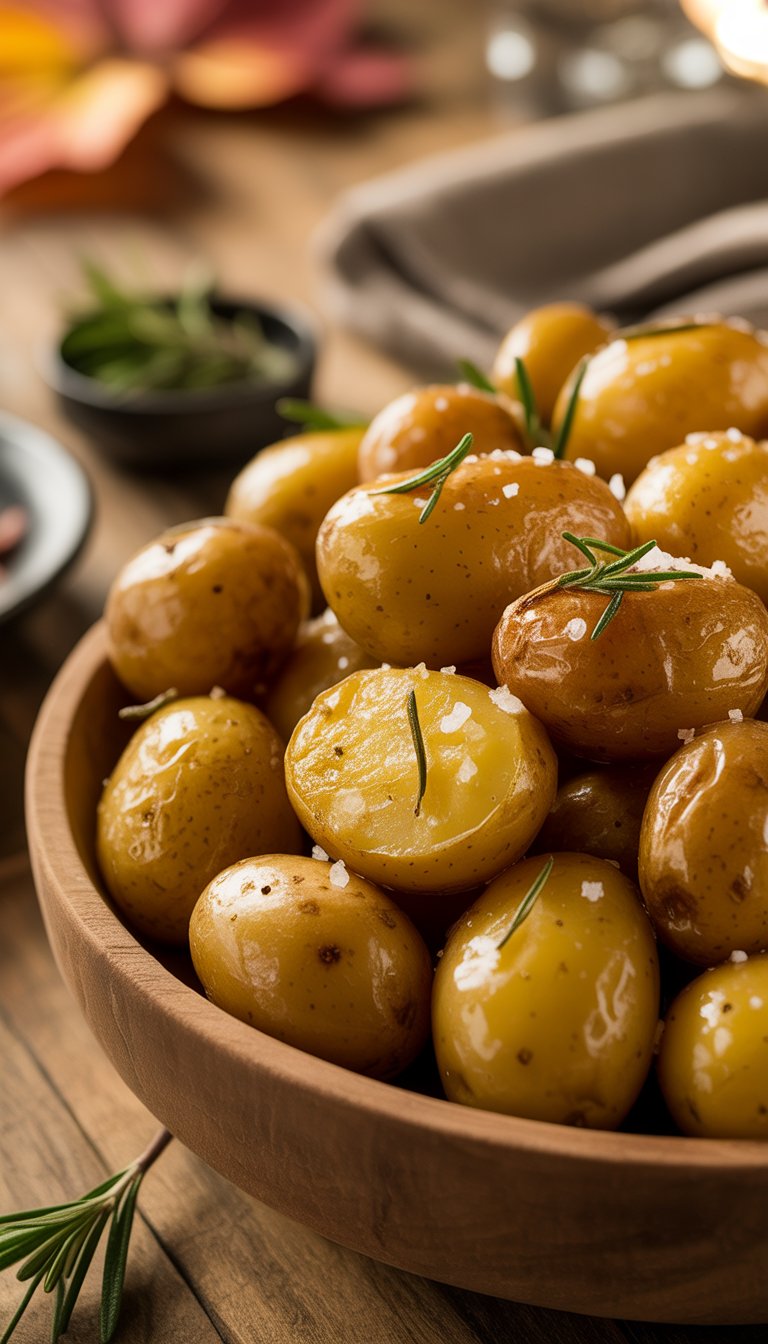 A bowl of golden roasted baby potatoes garnished with fresh rosemary on a wooden table.