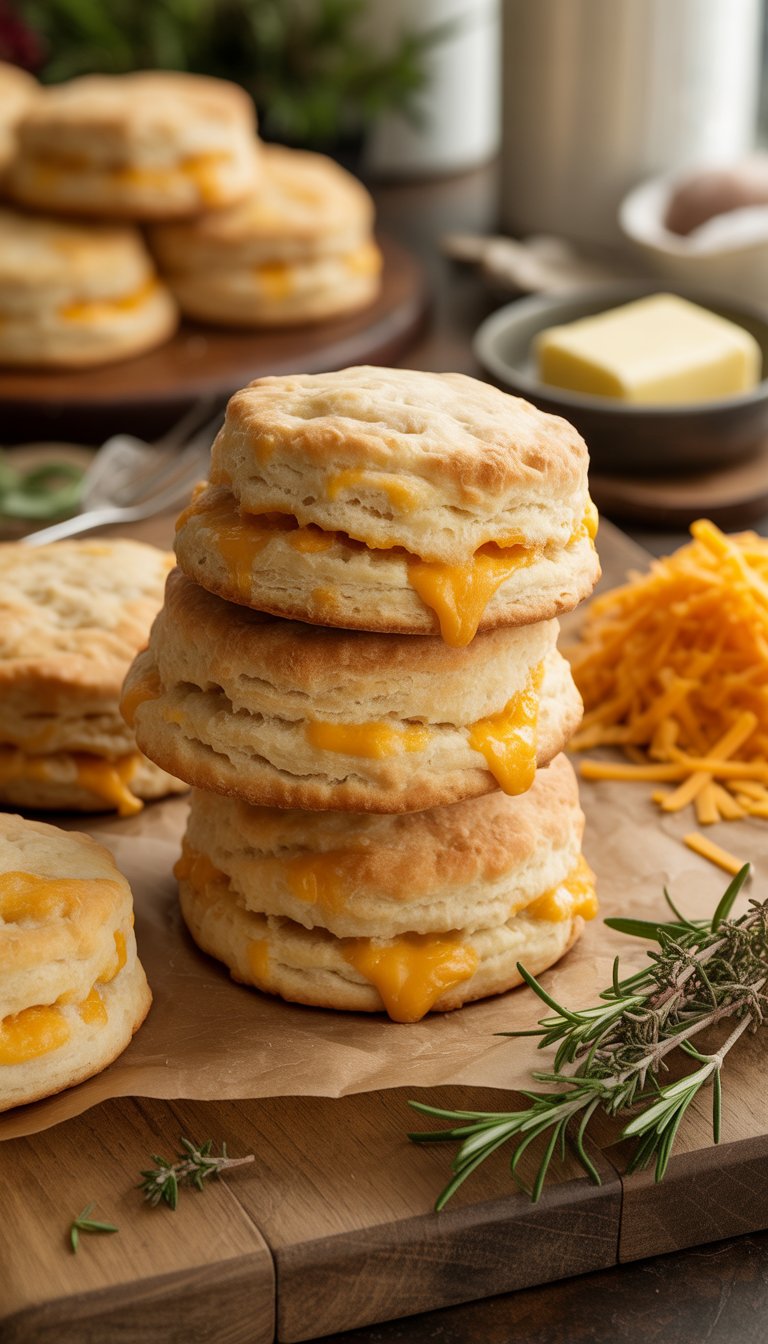 A stack of golden cheddar biscuits on a wooden board with cheese and herbs nearby in a warm kitchen setting.