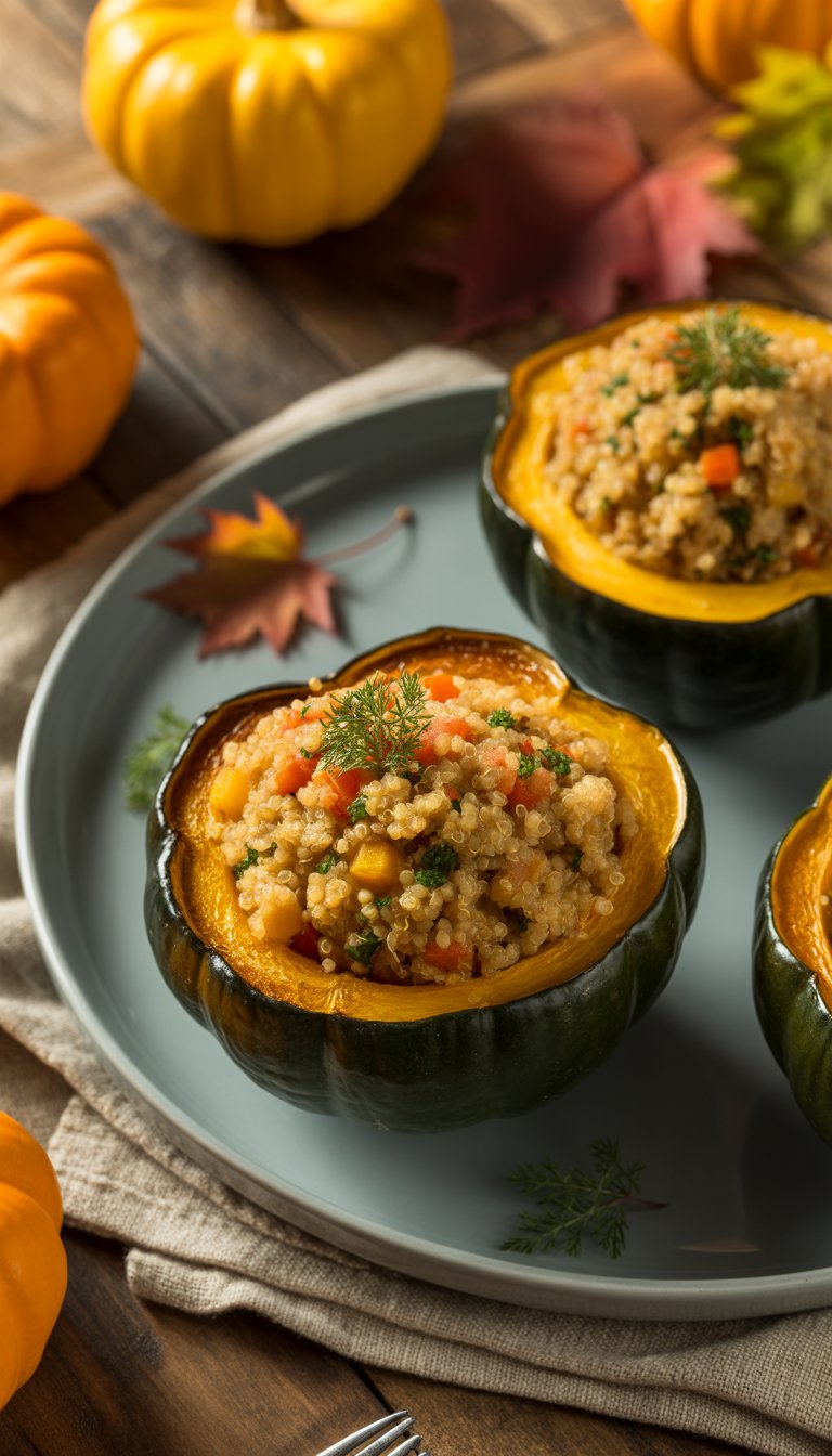 Two halves of roasted acorn squash stuffed with quinoa and garnished with herbs on a wooden table surrounded by small pumpkins and fall leaves.