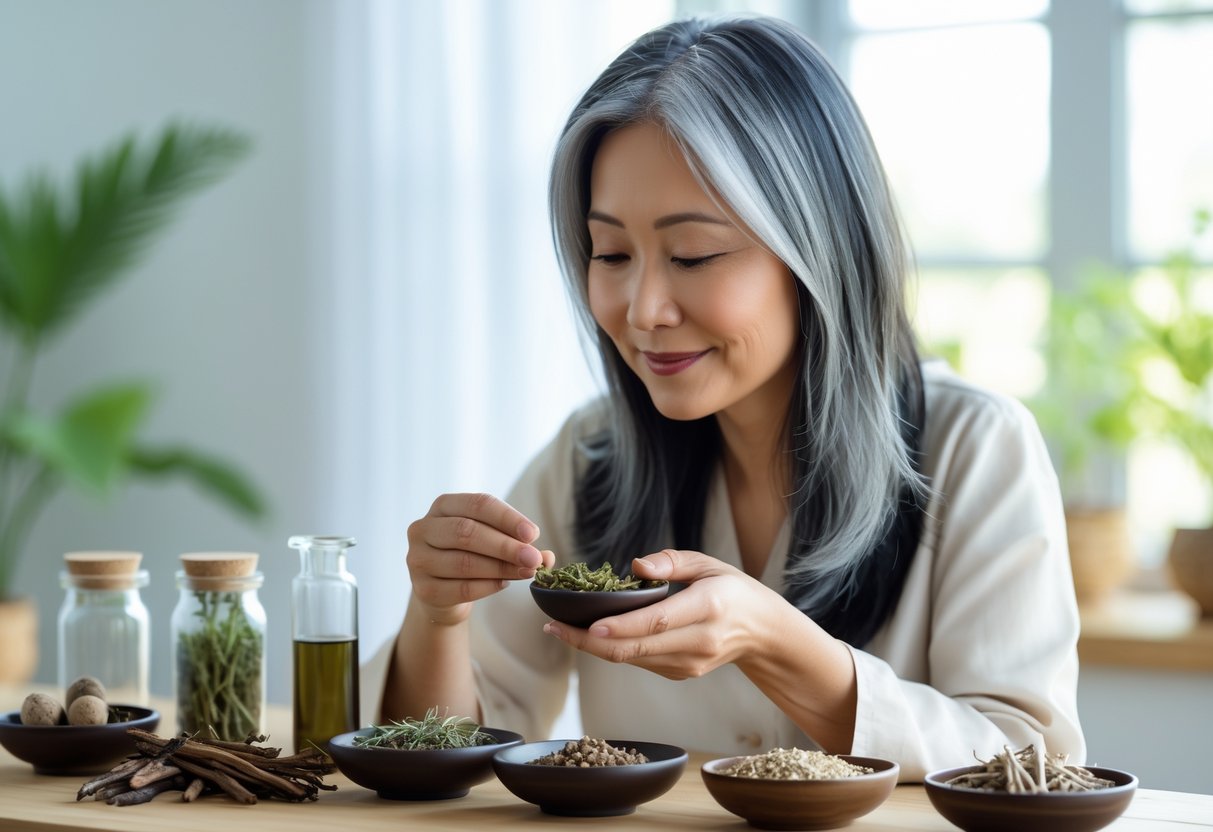 A middle-aged Asian woman with grey hair sitting at a table with traditional herbal remedies, examining a bowl of herbs in a bright room with plants.