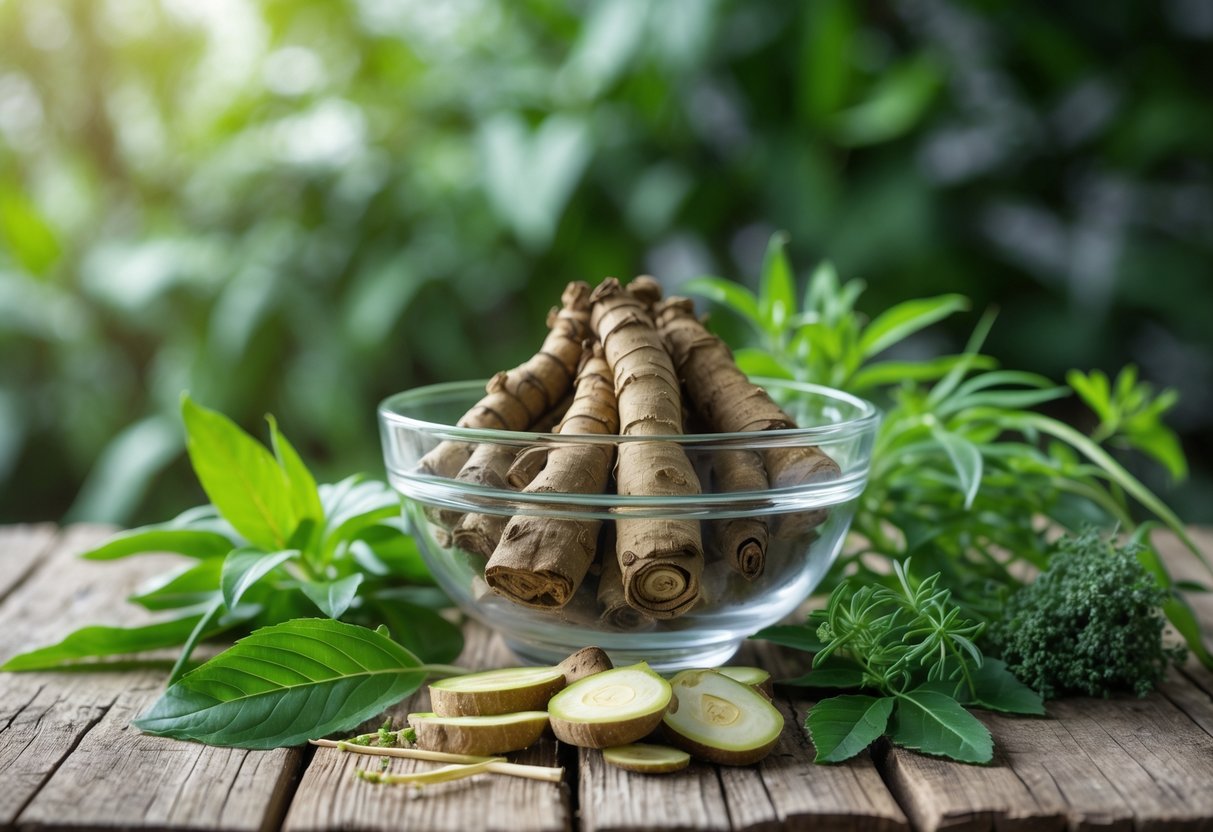 A glass bowl with Fo-Ti roots and sliced pieces on a wooden table surrounded by green herbs and plants.
