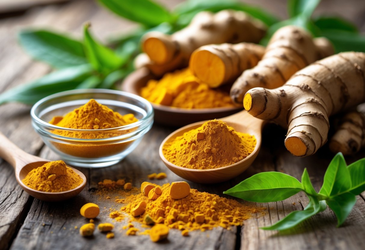 Fresh turmeric roots, turmeric powder in a glass bowl, and a wooden spoon on a wooden surface with green turmeric leaves.