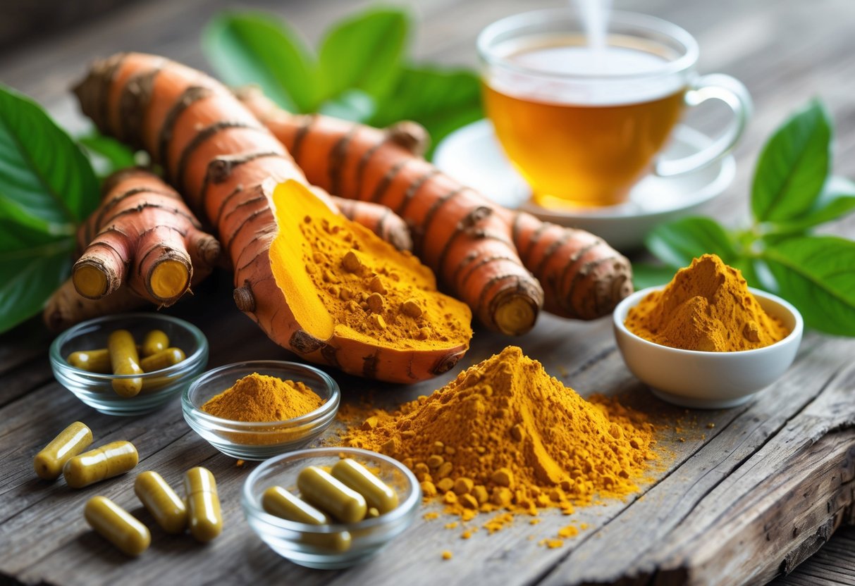 Fresh turmeric roots, turmeric powder, capsules, and a cup of turmeric tea arranged on a wooden surface.