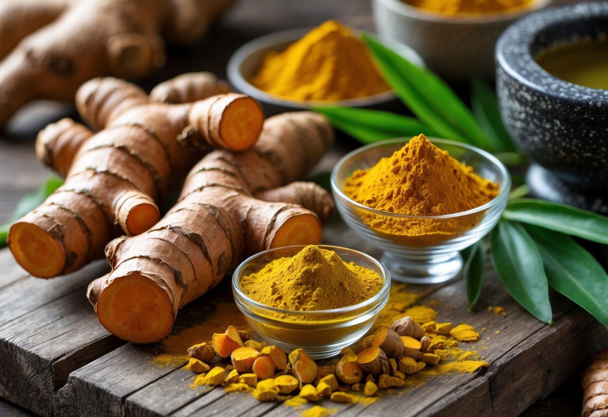 Fresh turmeric roots and turmeric powder arranged on a wooden surface with green turmeric leaves, a mortar and pestle, and a cup of turmeric tea in the background.