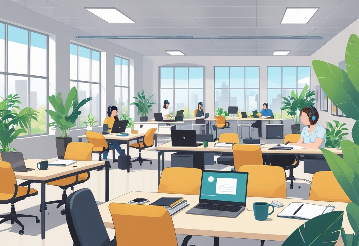 Colocation et télétravail : comment aménager un espace de travail partagé efficace et ergonomique 3 Un espace de travail partagé avec plusieurs personnes travaillant à des bureaux équipés d'ordinateurs portables, entouré de plantes et de grandes fenêtres laissant entrer la lumière naturelle.