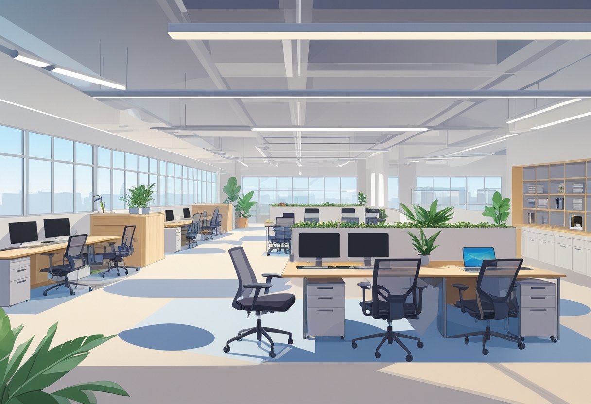 Colocation et télétravail : comment aménager un espace de travail partagé efficace et ergonomique 4 Une pièce lumineuse avec plusieurs postes de travail partagés, des chaises ergonomiques, des ordinateurs, des plantes, des séparateurs pour l'intimité, une zone de détente avec des sièges confortables, et des étagères avec des livres.