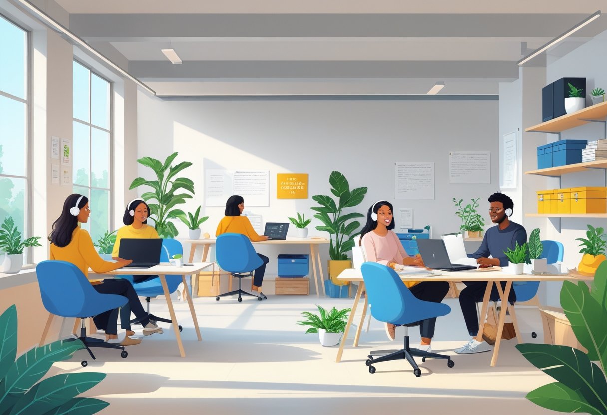 Colocation et télétravail : comment aménager un espace de travail partagé efficace et ergonomique 5 Un espace de travail partagé lumineux avec plusieurs personnes travaillant à des bureaux équipés, entouré de plantes et d'éléments confortables.
