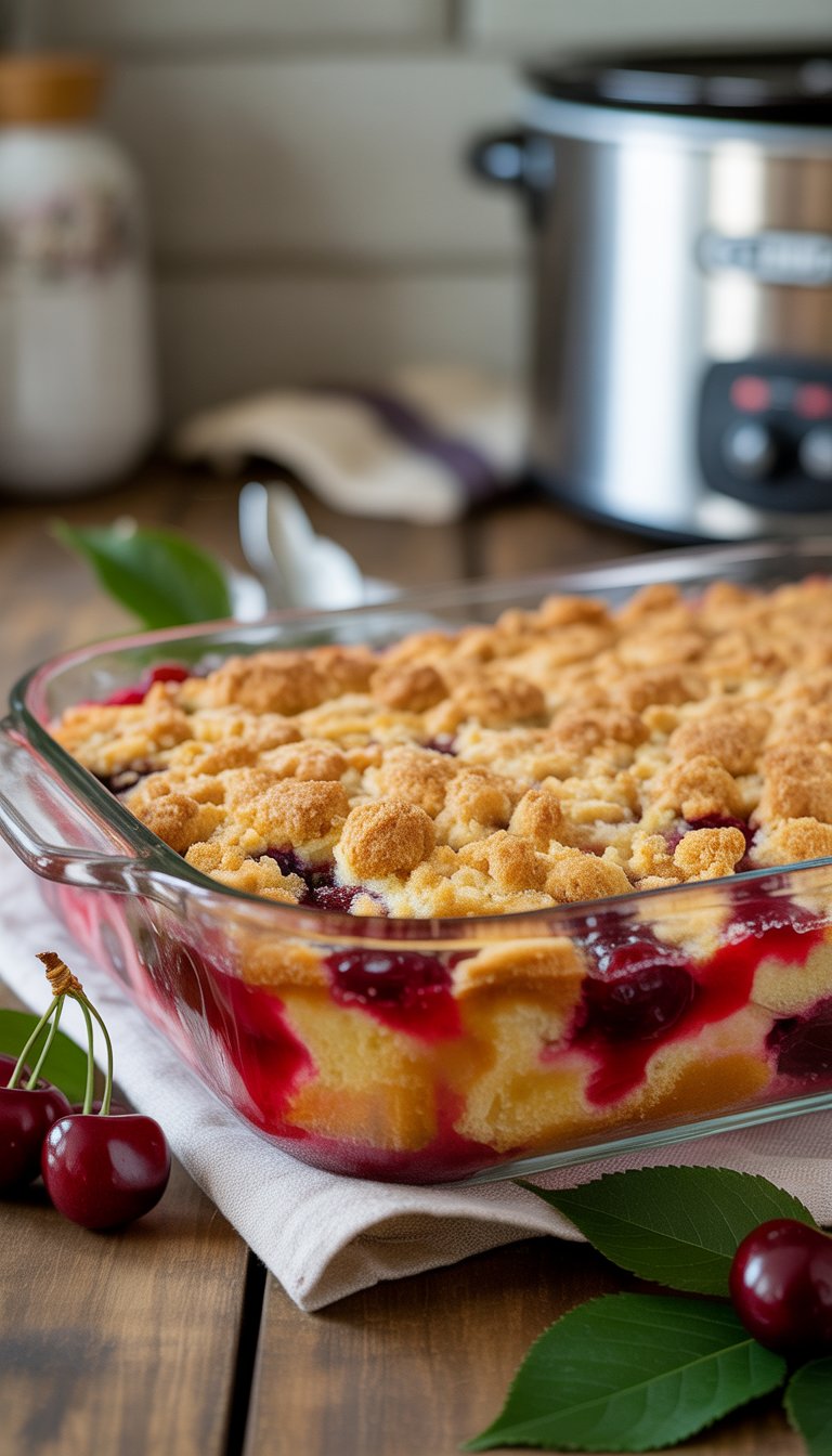 A freshly baked cherry dump cake in a glass dish on a wooden table with fresh cherries nearby and a crockpot in the background.
