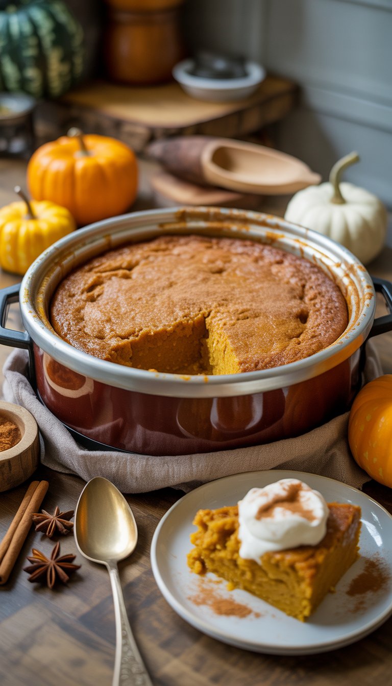 A slow cooker filled with pumpkin dump cake, a slice served on a plate with whipped cream, surrounded by autumn decorations on a wooden table.