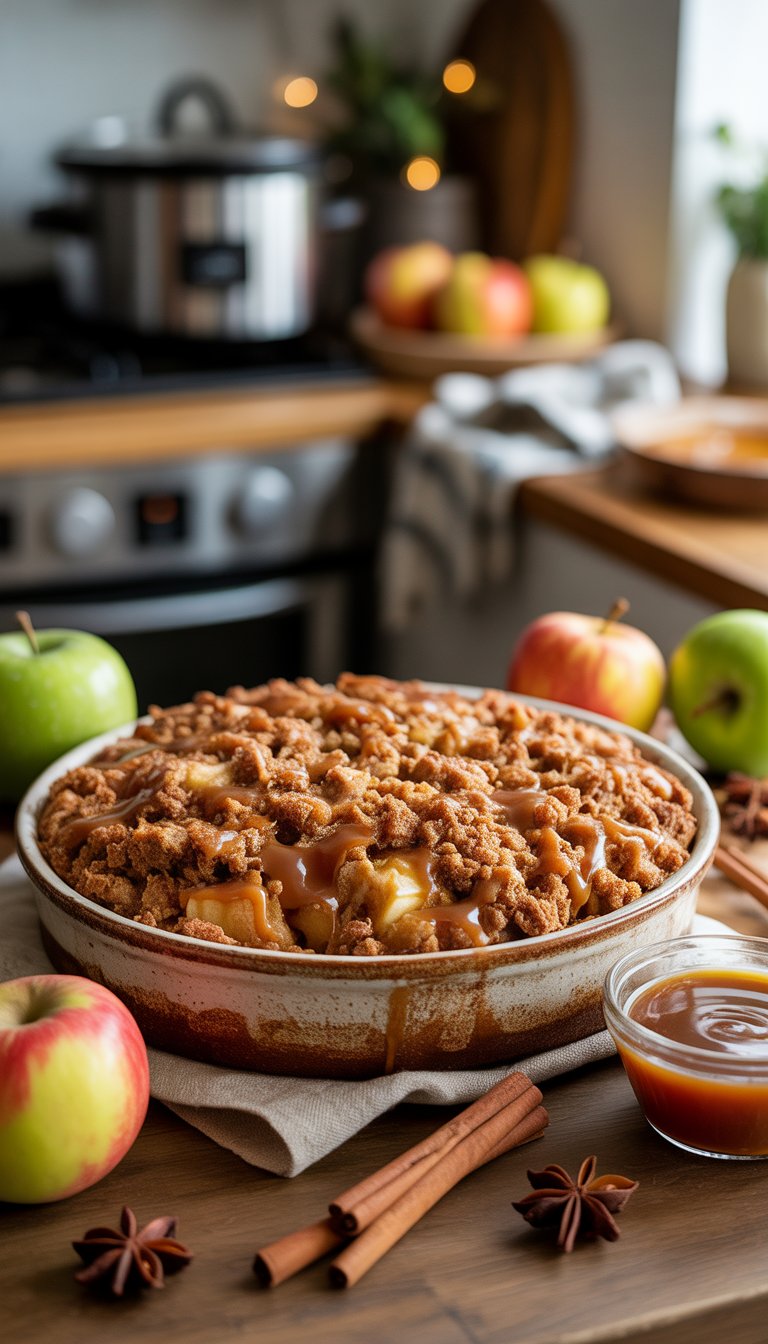 A freshly baked caramel apple dump cake in a ceramic dish on a wooden table surrounded by apples and cinnamon sticks.