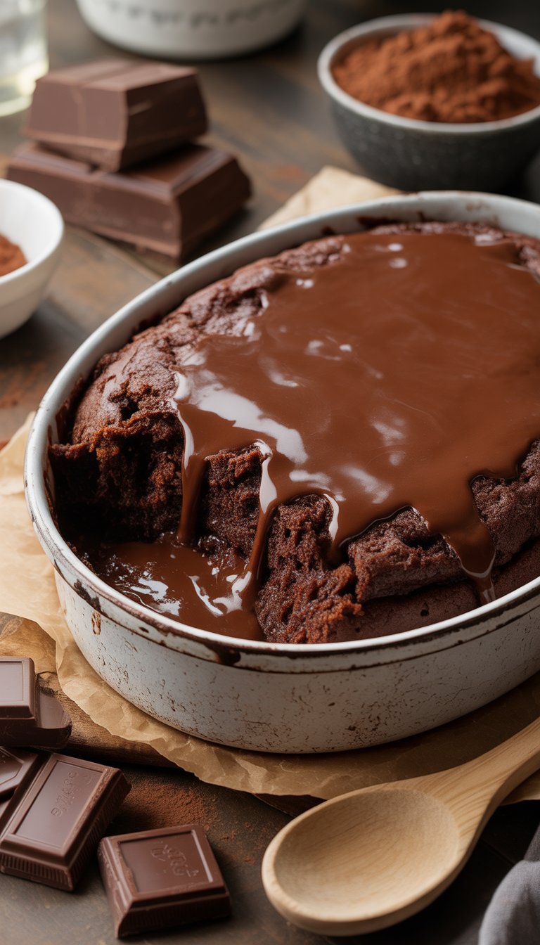 A gooey chocolate fudge dump cake in a white baking dish on a kitchen counter with chocolate chunks and cocoa powder nearby.