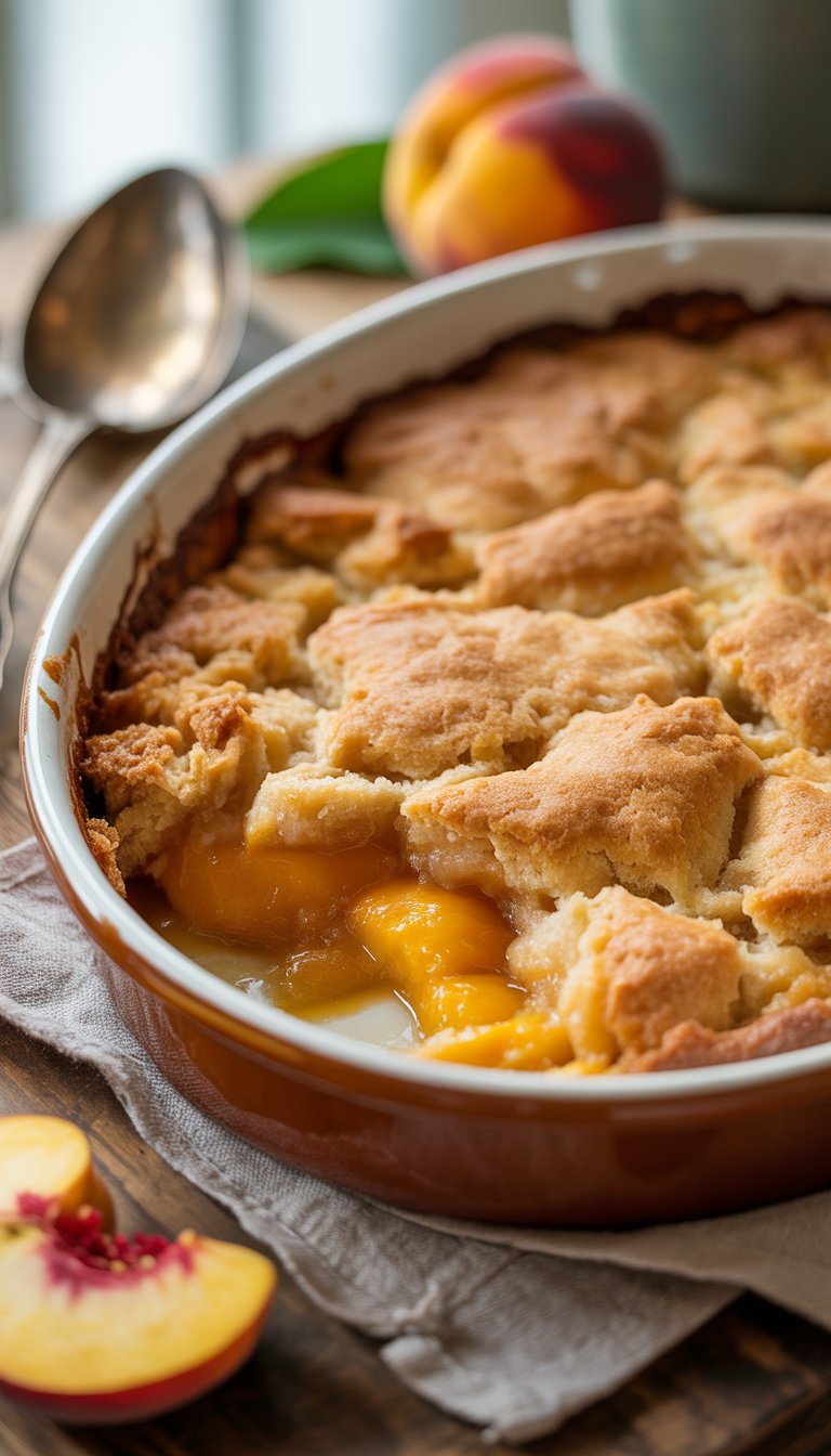 A freshly baked peach cobbler dump cake in a ceramic dish on a wooden table with peach slices and a serving spoon nearby.