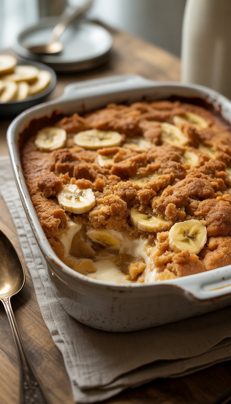 A freshly baked banana pudding dump cake in a white ceramic dish on a wooden table with sliced bananas and a spoon nearby.