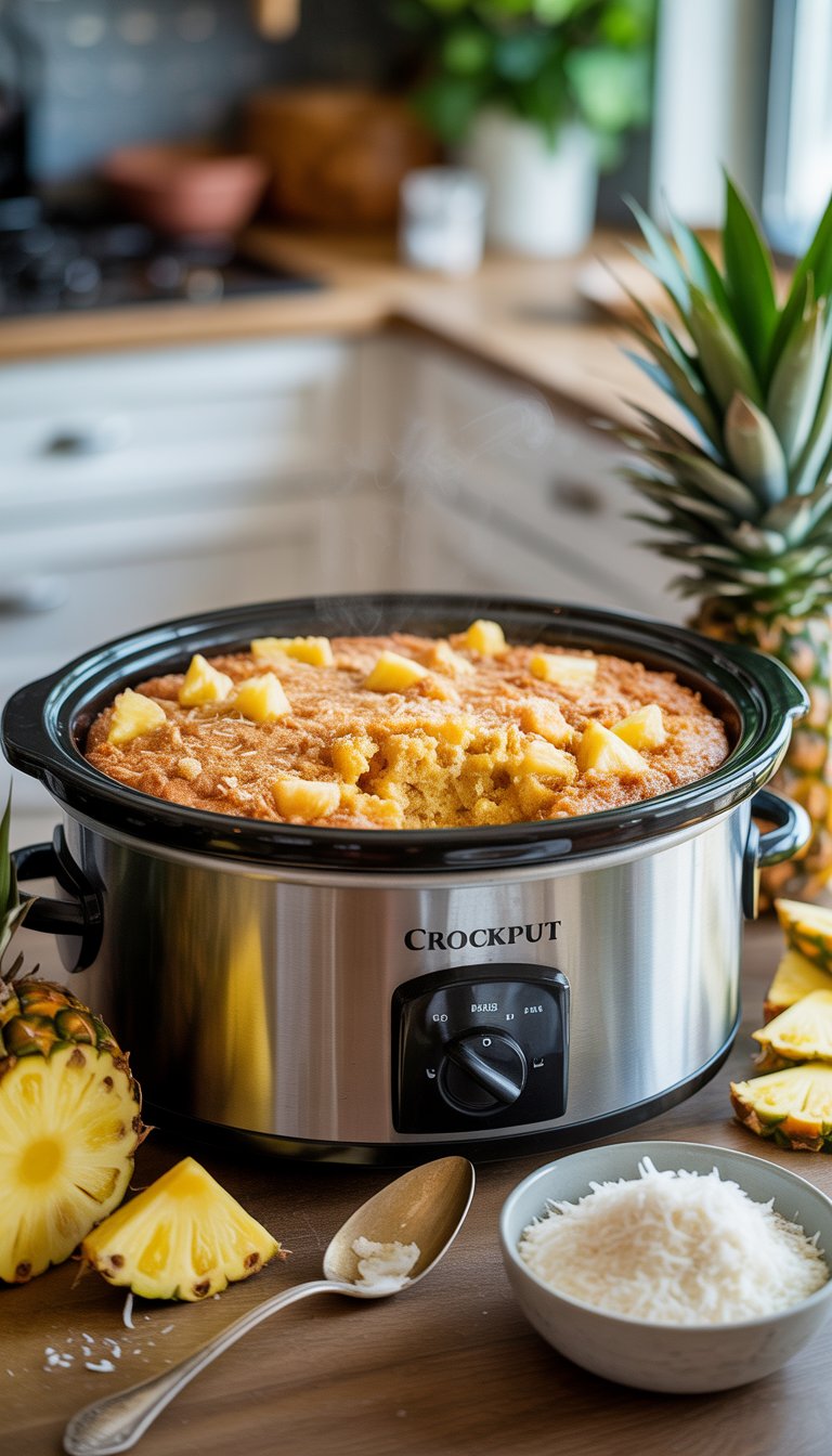 A crockpot filled with pineapple coconut dump cake on a wooden table surrounded by pineapple chunks, shredded coconut, and cake mix.