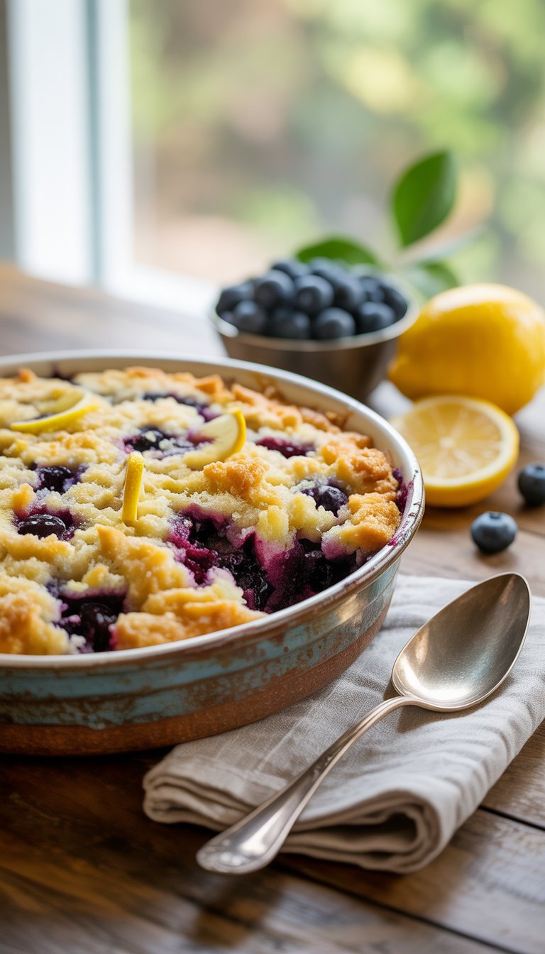 A freshly baked blueberry lemon dump cake in a ceramic dish on a wooden table with fresh blueberries and lemon slices nearby.