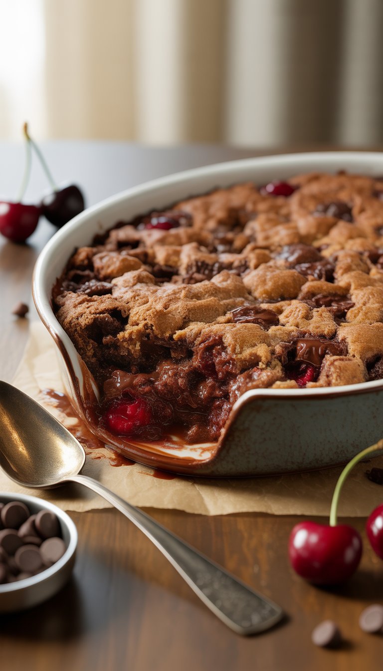 A freshly baked chocolate cherry dump cake in a ceramic dish on a wooden table with fresh cherries and a serving spoon nearby.