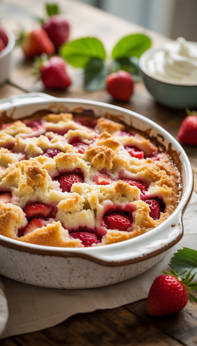 A freshly baked strawberry shortcake dump cake in a white ceramic dish on a wooden table, surrounded by fresh strawberries and a bowl of whipped cream.