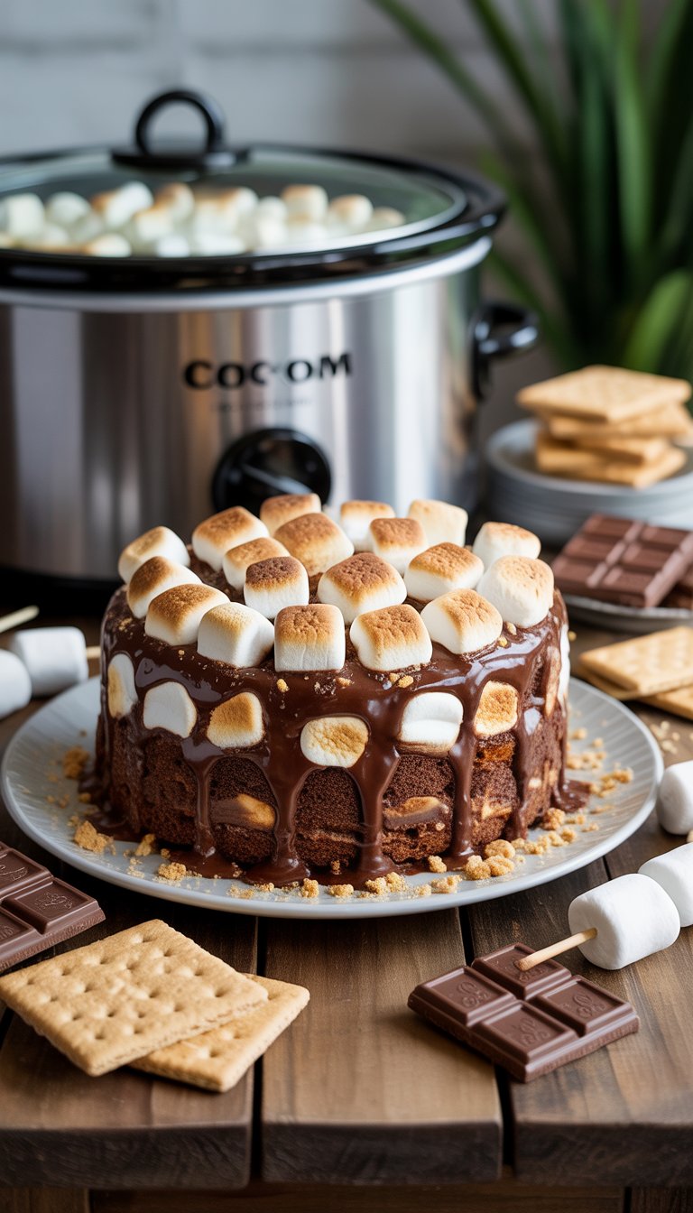 A slow cooker s'mores cake on a wooden table with toasted marshmallows, chocolate, and graham crackers around it, next to a slow cooker crockpot.