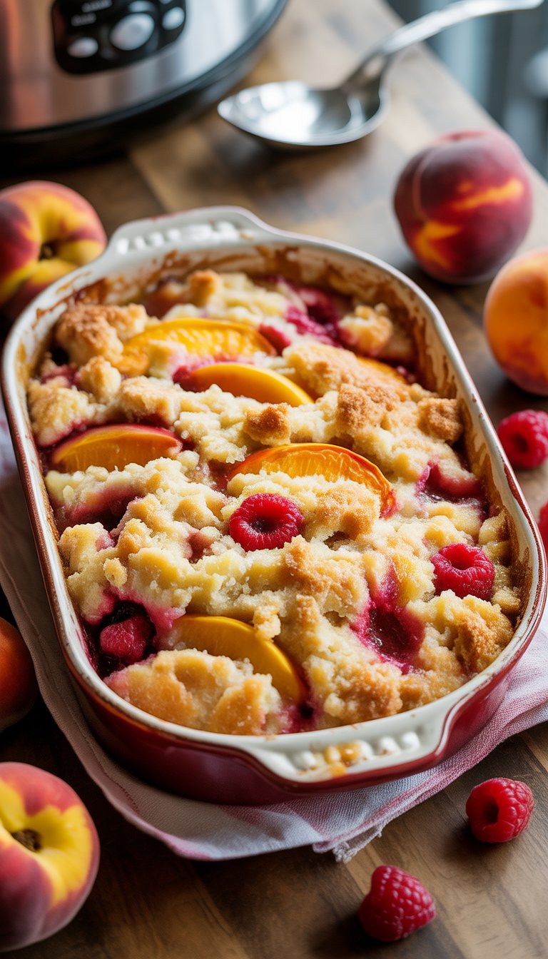 A freshly baked peach and raspberry dump cake in a ceramic dish on a wooden table with fresh peaches and raspberries around it.