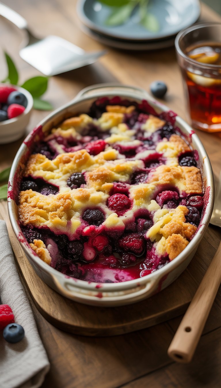 A freshly baked triple berry dump cake in a rustic ceramic dish on a wooden table with fresh berries and a serving spatula nearby.