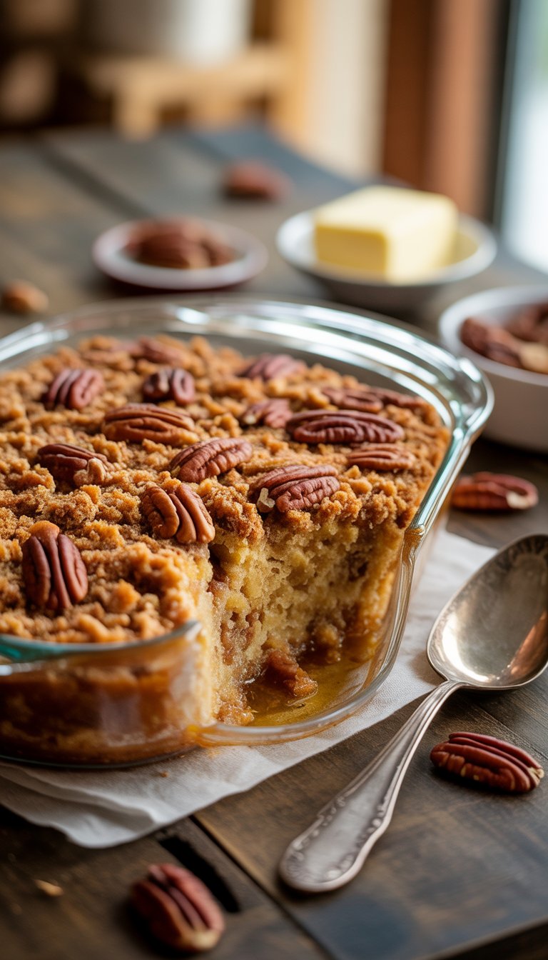 A freshly baked Butter Pecan Dump Cake in a glass baking dish on a wooden table with pecans and a serving spoon nearby.