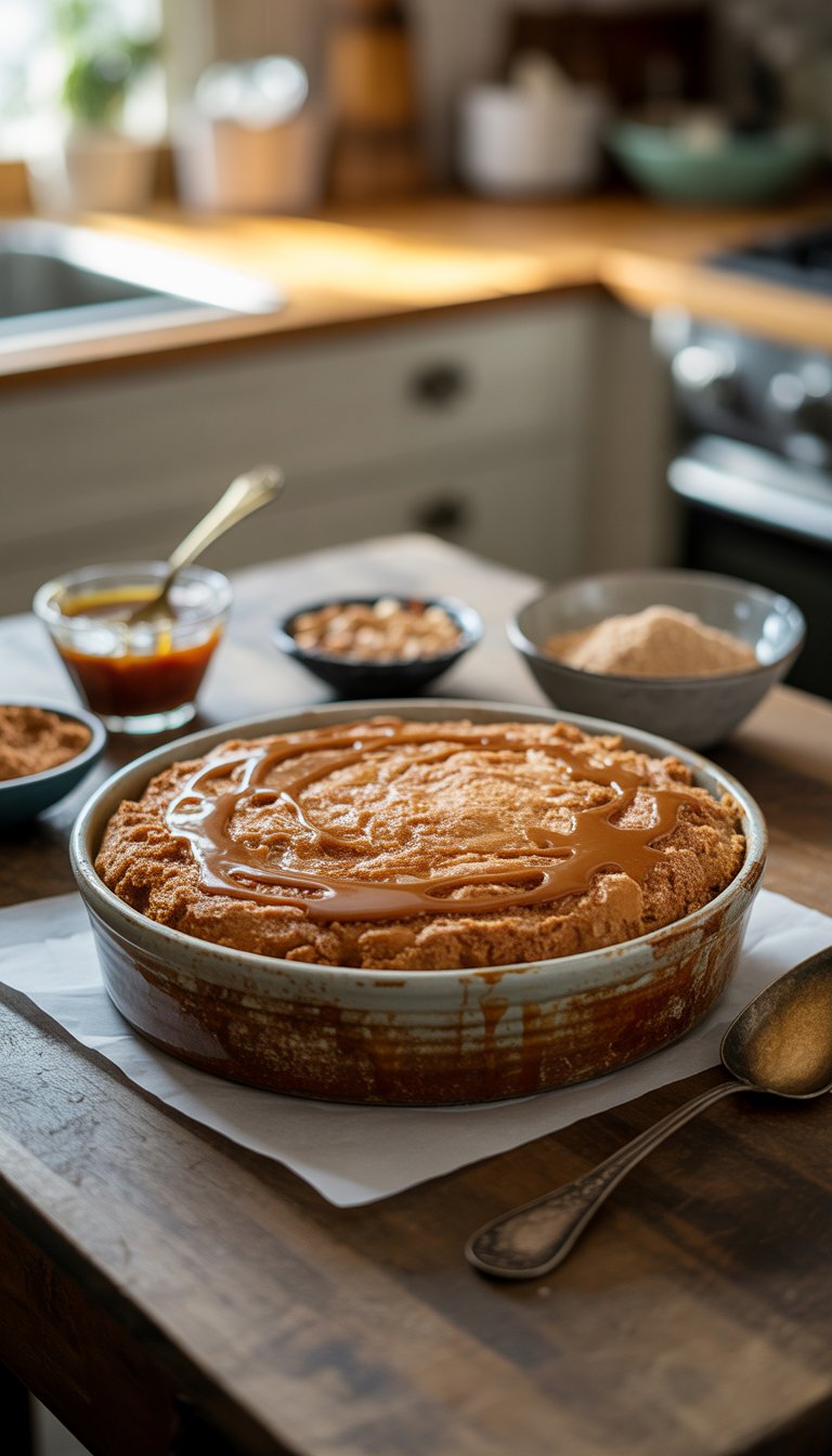 A freshly baked salted caramel dump cake in a ceramic dish on a wooden table with caramel sauce and nuts nearby.