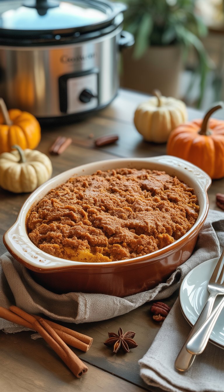 A freshly baked pumpkin spice dump cake in a rustic dish on a wooden table with autumn decorations and a blurred crockpot in the background.