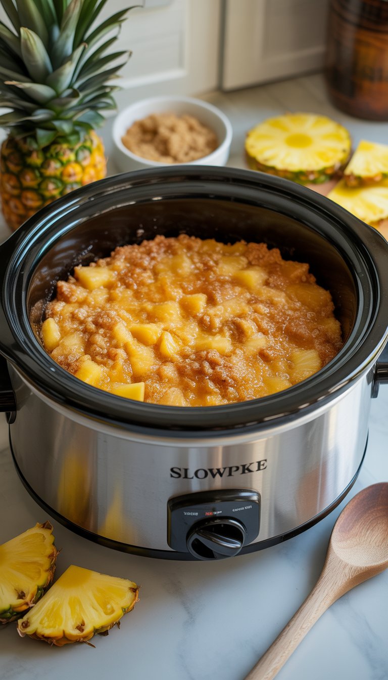 Slow cooker open to show a golden pineapple dump cake with fresh pineapple slices and a wooden spoon nearby on a kitchen countertop.