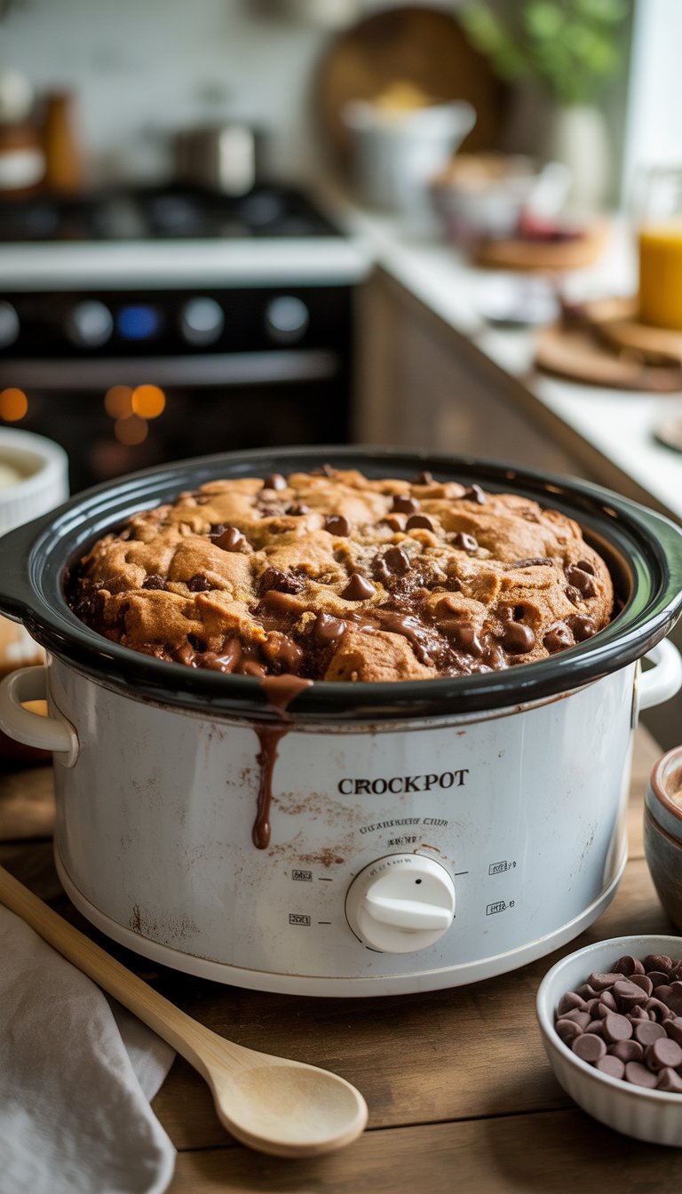 A freshly baked chocolate chip cookie dump cake in a white crockpot on a wooden table with chocolate chips and a wooden spoon nearby.