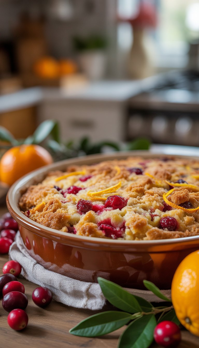 A freshly baked orange cranberry dump cake in a rustic dish on a wooden table with fresh cranberries and oranges nearby.