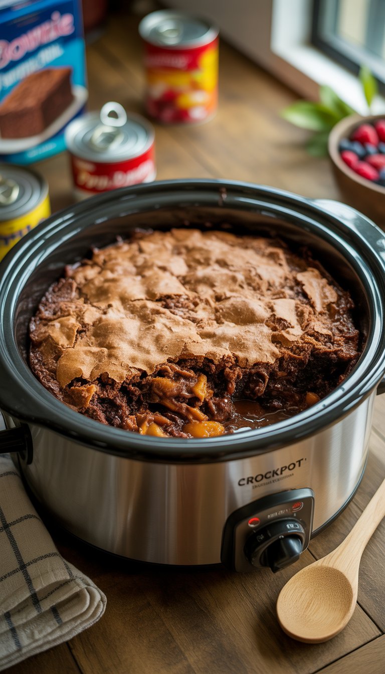 A crockpot filled with freshly baked brownie dump cake on a wooden counter surrounded by baking ingredients.