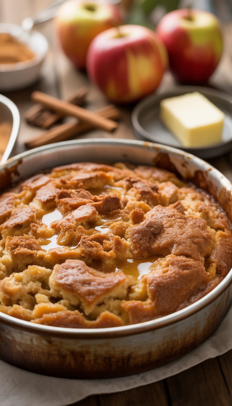 A freshly baked apple dump cake in a ceramic dish on a wooden table with apples, cinnamon sticks, and butter nearby.