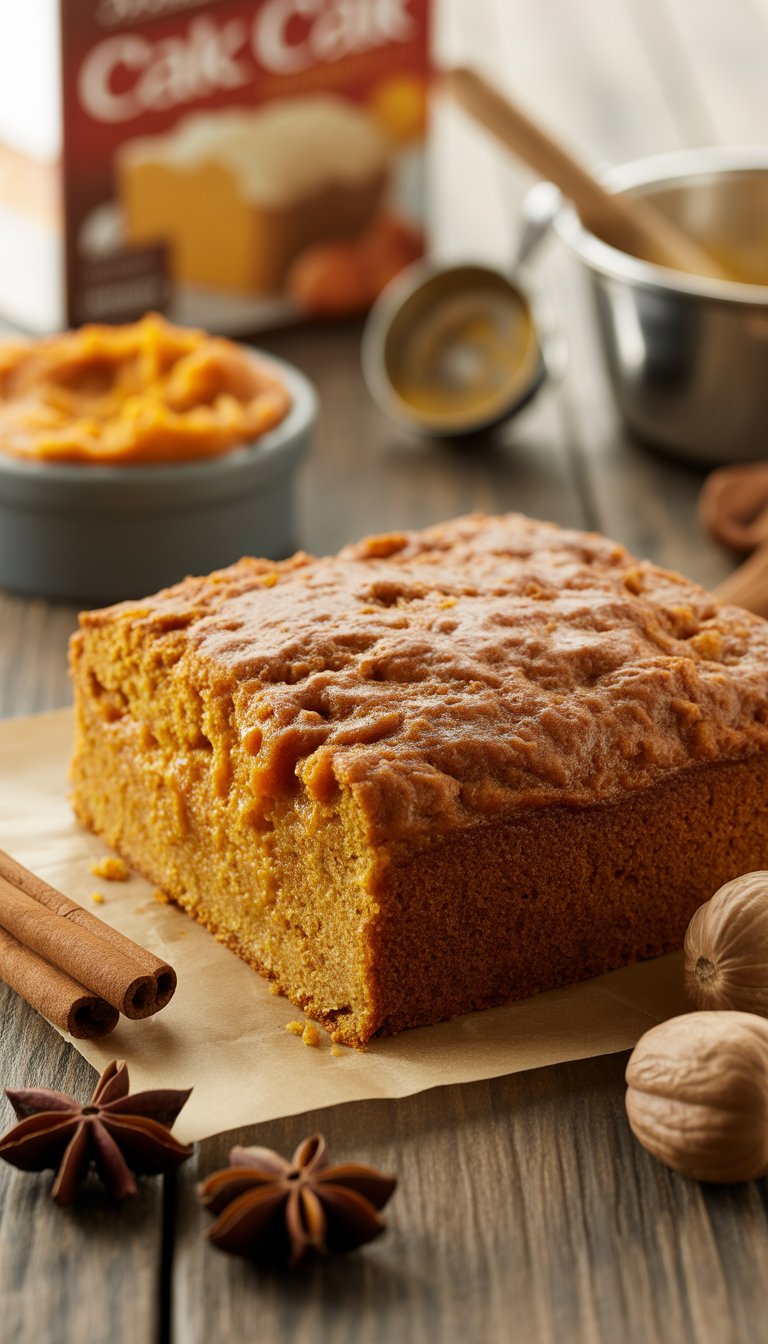 A freshly baked pumpkin dump cake on a wooden table surrounded by spices and pumpkin puree.