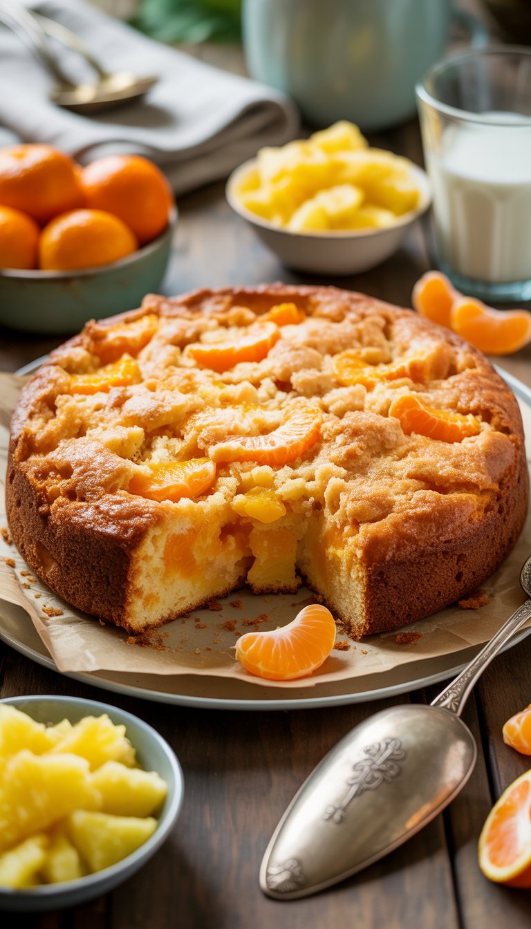 A freshly baked mandarin orange and crushed pineapple dump cake on a wooden table with bowls of fruit and a serving spoon nearby.