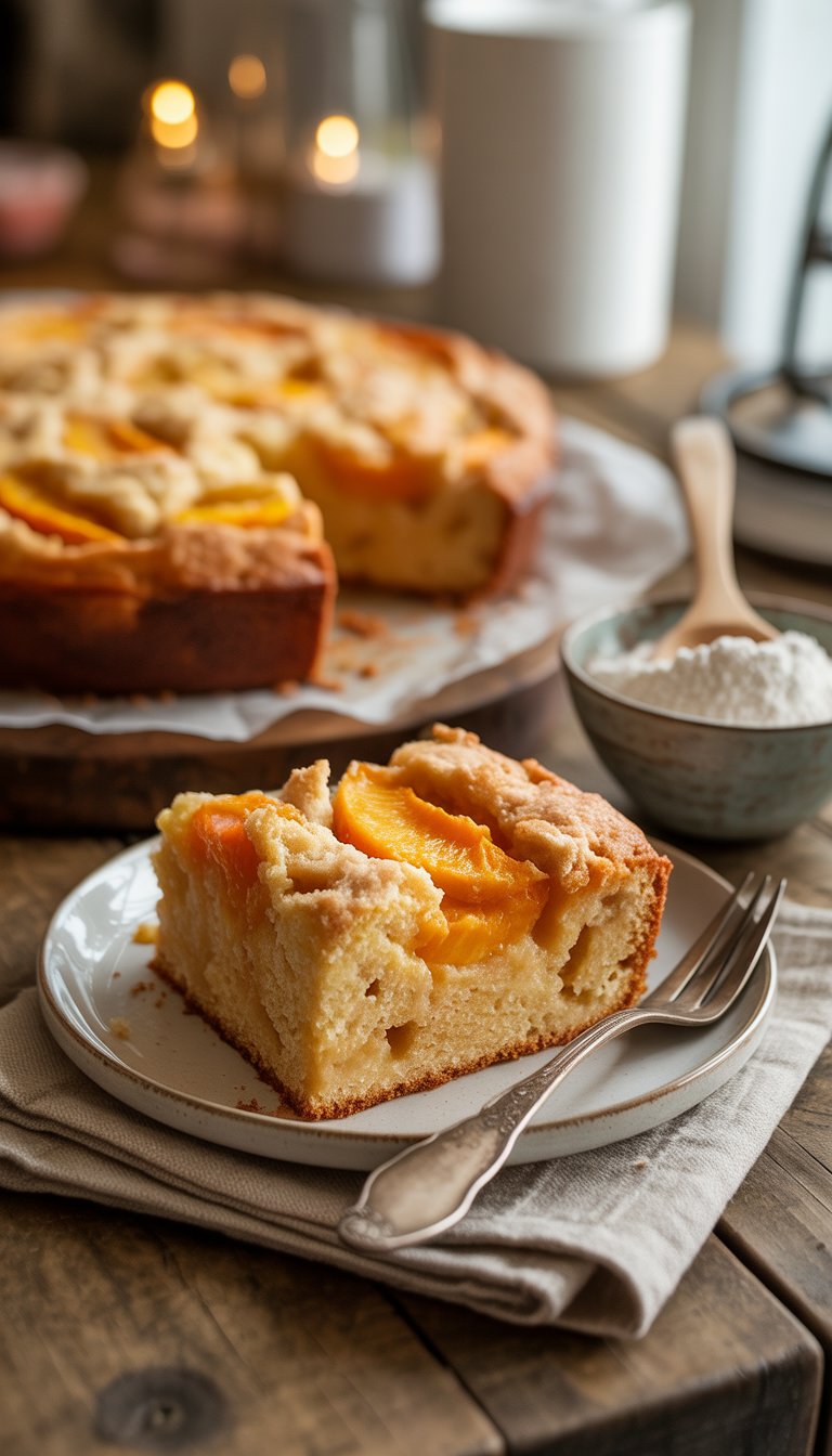 A slice of peach dump cake on a white plate with a whole cake and a bowl of vanilla cake mix on a wooden table.